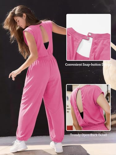 Outfeel Women's Casual Jumpsuit Crewneck Cap Sleeve One Piece Outfits Open Back Button Drawstring Jogger Romper with Pockets Bright Pink Large — view 3