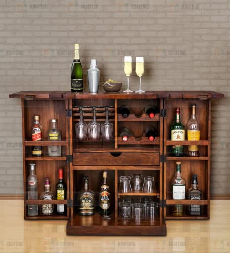Image of Credenza Elegant Wooden Bar Cabinet | Home Bar Furniture with Storage | Wine Rack with Drawer | Ideal for Living Room in Honey Finish
