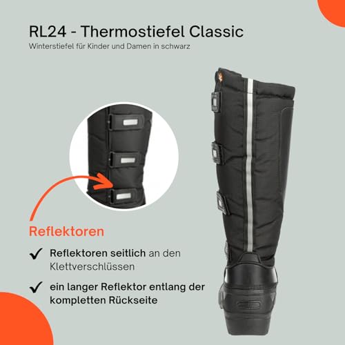 RL24 - Kinder & Damen Thermostiefel Classic schwarz | wasserdichte Winterstiefel | mit Klettverschlüssen für verstellbare Wadenbreite | gefütterte Schneestiefel | Reitstiefel in Größe 41