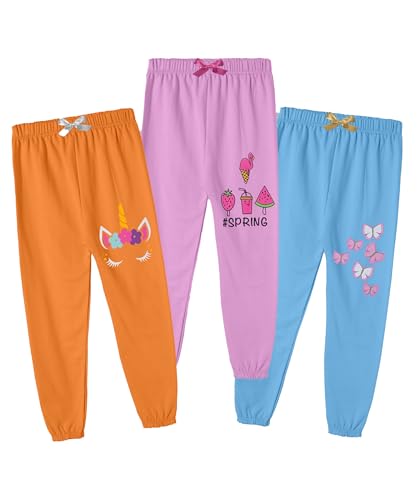 Image of KYDA KIDS Girls 100% Cotton Premium Printed Track Pants | Soft Breathable Fabric | Summer Wear Multicolor Trackpants for Girls - Pack of 3