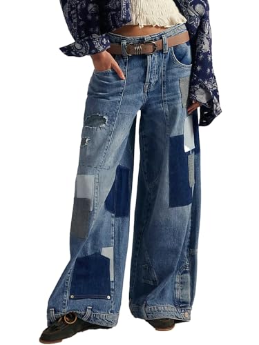 SCOFEEL Women Baggy Jeans Patchwork Mid-Rise Button Down Trendy Wide Leg Denim Pants with Pocket
