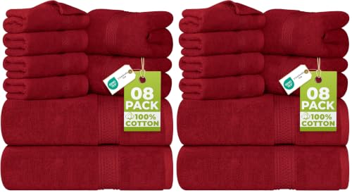 Image of Utopia Towels 8 Piece Luxury Towel Set - Majestic Plush, Super Absorbent & Quicker-to-Dry, Thick 100% Ring Spun Cotton Towels for Bathroom, Spa & Hotel - 2 Bath, 2 Hand, 4 Washcloths,Red (Pack of 2)
