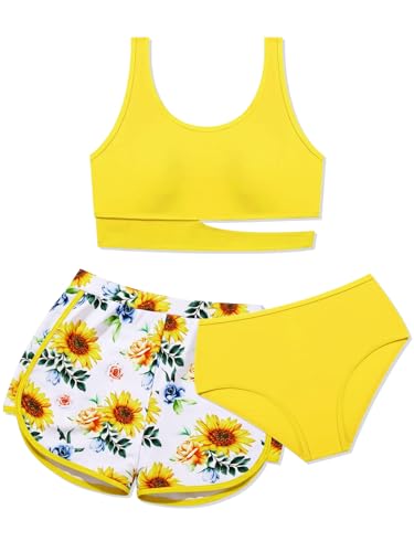 Image of Girls Swimsuit 3 Piece High Waist Sport Bathing Suit Quick Dry Bikini Tankini Sets with Shorts for 7-16