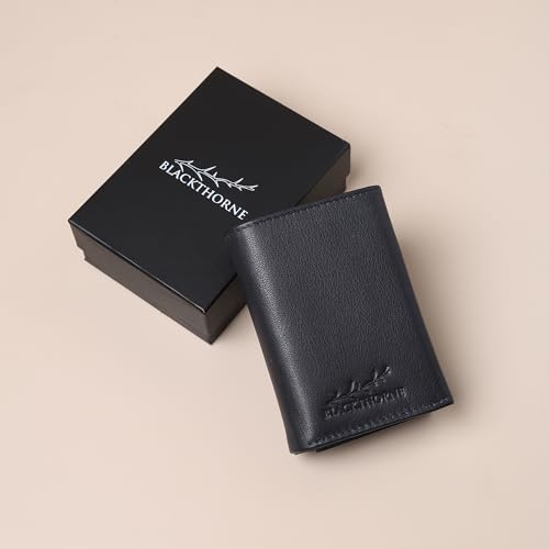 Image of BLACKTHORNE Wallet for Men | RFID Blocking Genuine Trifold Leather Pop-Up Card Holder | Slim Minimal Design with Aluminium Case Holds 6-8 Cards, Coin Pocket & Magnetic Closure (Navy Blue)