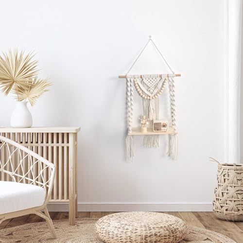 Image of Macrame Wall Hanging Shelf Handmade Floating Boho Decor Shelf Wooden Dowel and Beads with Braided Design for Display Bedroom Living Room Nursery Decor Home Office Shop Gifting Use Pack 1