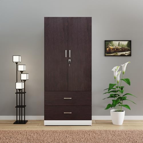 Image of VIKI Wardrobe | Wooden Almirah for Clothes,Door for Bedroom, 2 Door Wardrobe with Drawer & Hanging Space (White & Wenge - 40D x 80W x 180H) | 1 Year Warranty | Free Assebly