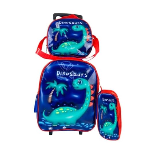 CONJUNTO KIT MOCHILA INFANTIL COM RODINHAS BOLSA ESCOLAR ESTOJO E LANCHEIRA TÉRMICA DINO CARRINHO IMPERMEAVEL ESPAÇOSA DINOSSAURO CARROS PRINCESA UNICÓRNIO (Dinossauro)