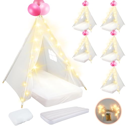 6 Pack Sleepovers Teepee Tent for Kids Bulk with Mattress Sheet Light,Natural Cotton Washable Indoor Play Tent for Birthday Slumber Party Girls Boys Pajama Movie Night Supplies(White)