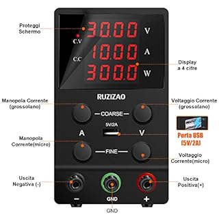RUZIZAO Alimentatore da Banco 30V 10A Alimentatore da Laboratorio DC Regolabile Stabilizzato Display LED a 4 Cifre Porta USB 5V/2A