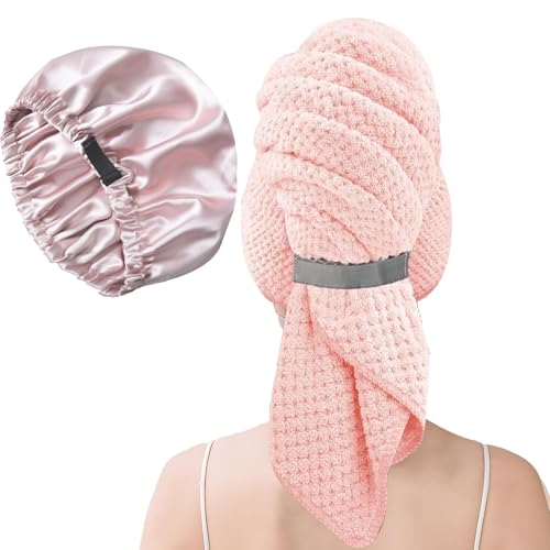 Image of Large Microfiber Hair Towel Wrap & Satin Bonnet Set for Women, Ultra Absorbent Turban 24x42 Inches & Adjustable Night Cap for Curly Hair, Prevents Frizz & Breakage (Hair Towel+Night Cap)