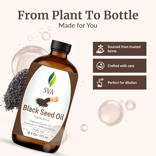 Image of SVA Black Seed Carrier Oil, Glass Bottle, Large Size, 16 Fl Oz (473 ml) | Black Seed Oil for Hair Care, Scalp Massage, Hair Oiling, Face Care, Skin Care, Body Massage, DIY Blending & Custom Oil Blend