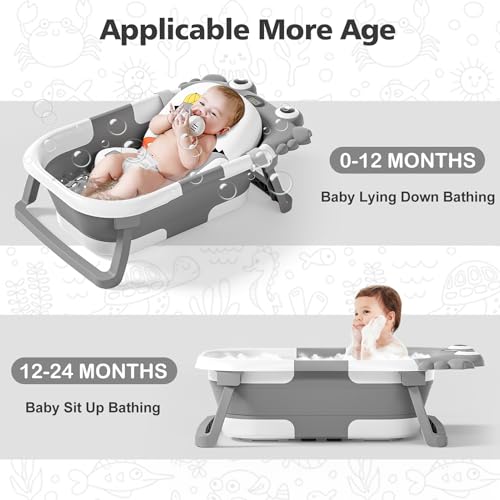Image of Collapsible Baby Bathtub for Newborns with Thermometer and Soft Floating Cushion Portable and Foldable Travel Baby Boy Bath Tub for Infants to Toddler 0-36 Month (Grey)