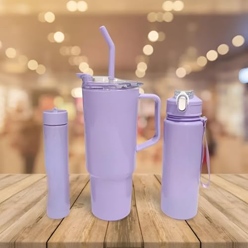Image of Large Handle Water Bottle with Straw for Desk, Office, Travel - 1200 /900 /300 ML Gradient & Matte Hydration Bottle Set (Lavender)