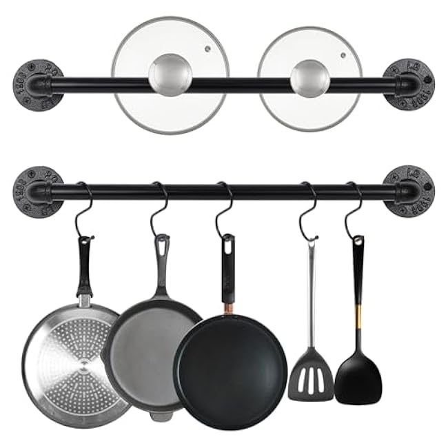 Industrial Pipe Pot Pan Rack 21 (2 Pack), Wall mount Pot hangers Pan Hanging Rail Lid Hanger for kitchen with 10 S Hooks ?