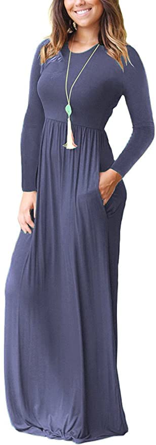 Image of AUSELILY Womens Long Sleeve Maxi Dress Casual Empire Waist with Pockets