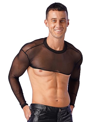 Men's See-Through Long Sleeve Crop Top Shrug Bolero Motorcycle Slim Mesh Tops T Shirt2