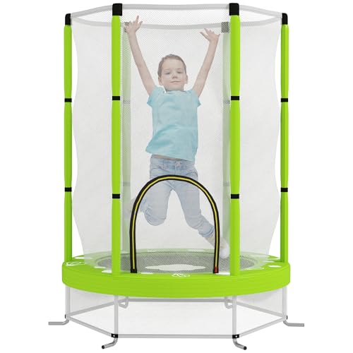 AIYAPLAY Trampolino Elastico per Bambini Ø140 cm con Rete di Sicurezza, Tappeto Elastico per Bimbi da 3-6 Anni con Disegni, per Interno ed Esterno, Verde