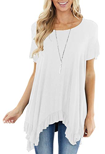 ETCYY Damen Kurzarm Shirts Sommer Casual Loose Fit Rüschen A Linie Tunika T-Shirts und Blusen - Weiß - Groß Cover