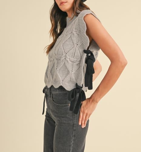 Image of Women Side Tie Sweater Vest Scallop Trim Mock Neck Knit Vest Bow Lace Up Ribbon Sweater Tank Top Knitwear