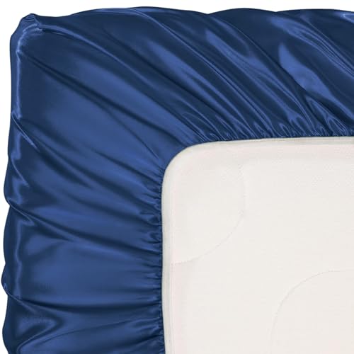 Image of Pro Goleem Satin Soft Crib Sheet Great for Baby with Sensitive Hair Silky Baby Sheet Navy Blue 52''x28''x8'' Fitted Sheet for Boys and Girls