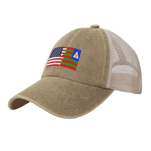 Vintage Bubi Tribal Flag and America Baseball Cap for Men Women Low Profile Washed Cotton Mesh Trucker Hat Natural