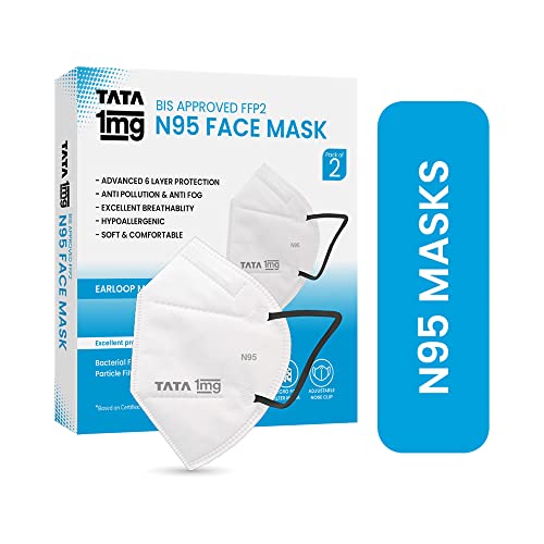 Tata 1mg BIS Approved FFP2 N95 Mask White - Ear Loop, 6 Layers Protection Face Mask (Pack of 2)