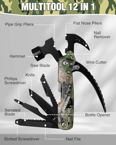 WORKPRO Multitool-12 in 1 Camping Tools with Mini Hammer-EDC Gear Multi Tools Hammer with Safety Lock and Pouch-Mini Multitools Gifts for Men and Women-Camouflage - Image 4