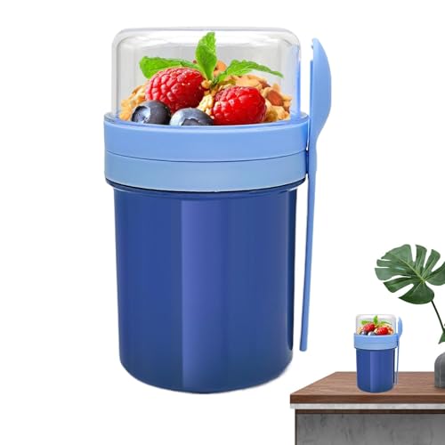 Taza de desayuno con tapa, recipiente reutilizable con tapas y cuchara para avena durante la noche, soporte portátil a prueba de fugas para yogur de viaje con doble capa para el hogar, la escuela