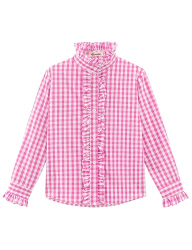 Noomelfish Girls Ruffle Button Down Uniform Dress Shirts Kids Plaid Western Long Sleeve Blouse Tops (5-14 Years)2