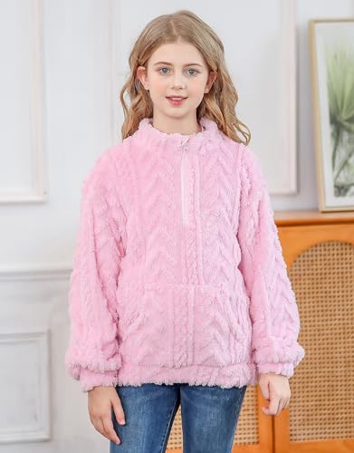 RAISEVERN Girls Sweatshirt Quarter Zipper Warm Sherpa Fleece Jacket Pullover Hoodies with Pockets 6-13 Years3