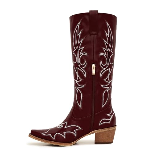 Image of Uillnoodu Women's Turquoise Cowgirl Boots - Wide Calf Mid Calf Western Boots Plus Size Embroidered Cowboy Style with Block Heel