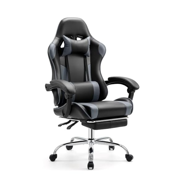 Sweetcrispy Video Game Desk Chair – Ergonomic Computer with Footrest and Comfy Lumbar Support, PU Leather Recliner with Headrest, Fixed Up Armrest, Height Adjustable with 360° Swivel, for Adults, Grey