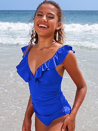 SOCIALA Women's Ruched V Neck One Piece Bathing Suits Sexy High Cut Swimsuits Tummy Control Ruffle Monokini Swimwear Royal Blue L - Image 6