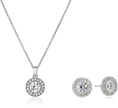 Amazon Collection Platinum Plated Sterling Silver Infinite Elements Cubic Zirconia Round-Cut Halo Pendant Necklace and Stud Earrings Jewelry Set