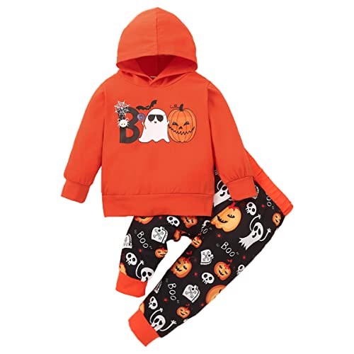Ritatte Baby Boy Halloween Outfit Long Sleeve Pumpkin Ghost Hoodie Sweatshirt Top Pant Toddler Fall Winter Clothes Set