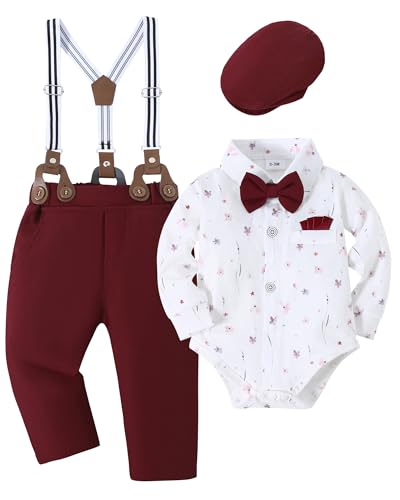 Image of YALLET Baby Boy Outfits Suits Infant Formal Dress Clothes Gentleman Wedding Print Shirt+Beret Hat+Suspender Pants+Bowtie