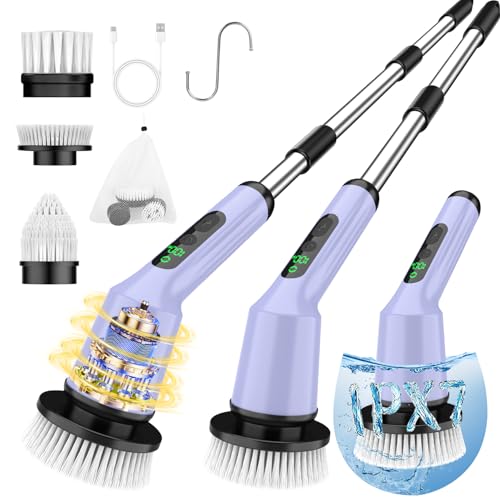Image of Electric Spin Scrubber for Cleaning Bathroom, Shower Scrubber Rotary Floor Brushes with IPX7 Waterproof & 2 Speed, 3 Brush Heads, Bathroom Cleaning Supplies for Shower Tub Tile Toilet Purple