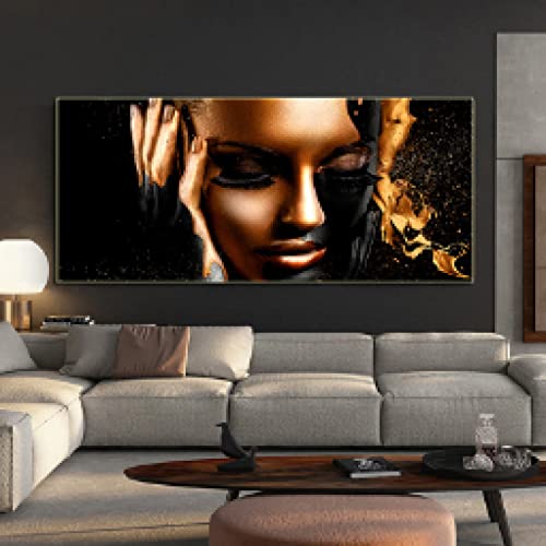 Peinture sur toile femme africaine noir et or 70x140cm sans cadre pour salon