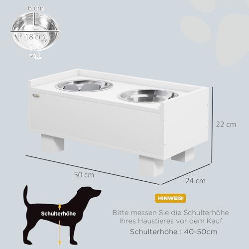 PawHut Hundenapf erhöht, Höhenverstellbar Futternapf für Hunde mit Stauraum, 2 x 1L Edelstahl-Schüsseln, Fressnapf mit Anti-Schling-Matte, für mittelgroße Hunde, Weiß