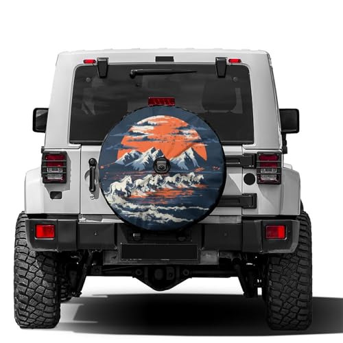 Image of Delerain Spare Tire Cover with Backup Camera Hole White Broncos Horses Sunset Wheel Covers Sun Protection Waterproof for Truck RV Trailer SUV and Many Vehicle (14 Inch for Diameter 23 inch-27 inch)