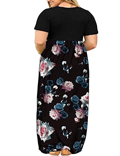 Image of Kancystore Women's Plus Size Maxi Dress with Pockets Summer Dresses XL-5X | Plus Size High Waisted Long Length Beach Dress, Empire Waist Round Neck Casual Dress, Solid Striped Floral Tie Dye Colors