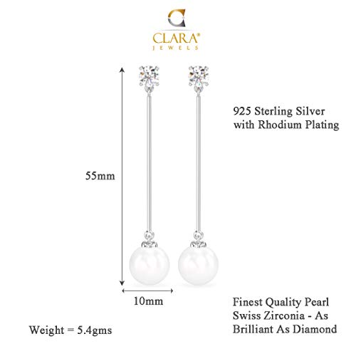 Image of CLARA 925 Sterling Silver Pearl Earrings | Rhodium Plated, Swiss Zirconia, Screw Back | Gift for Women & Girls