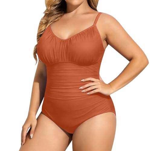 Bañador de una Pieza Mujer Talla Grande, Escote V con Fruncidos Laterales, Tirantes Finos Ajustables, bañador Reductor, Playa y Piscina