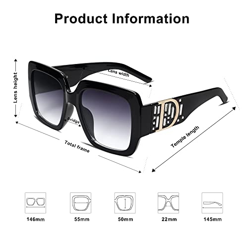 Allarallvr Oversized Square Sunglasses For Women Men Large Glitter Plastic Frame Sunglasses Ar82028 (Black/Grey) #TOP3