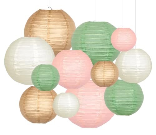 Image of Sage Green Pink Paper Lanterns Decorative 12pcs Wedding Hanging Decorations for Bridal Shower Birthday Rustic Party Neutral Baby Shower Sage Green Home Decor
