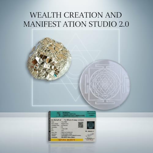 Image of inchOriginal Pyrite Stone with Natural Selenite Charging Plate | Lab Certified Crystal Set for Wealth, Business Luck, Reiki Healing & Vastu Energy inch (SEL+SHREE YANTRA)
