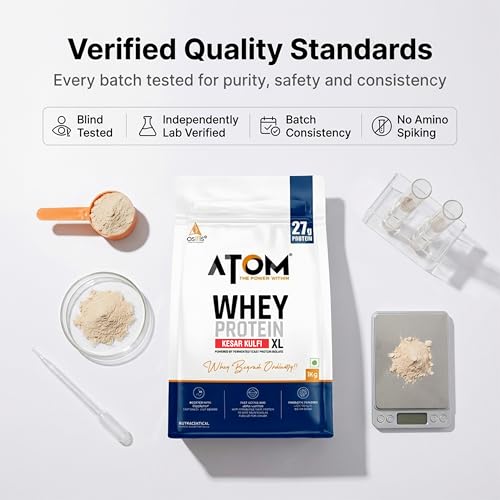 Image of AS-IT-IS ATOM Whey Protein XL, Kesar Kulfi, 1kg - with DigeZyme & Fermented Yeast Protein I High Absorption, Supports Muscle Growth, Recovery & Strength - Hybrid Protein for All Day Fuel