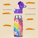 Girls Insulated Water Bottle with Covered Pop-Up Straw,16 oz Kids Cups with Stainless Steel Leak Proof for School Pink（Unicorn） - Image 5