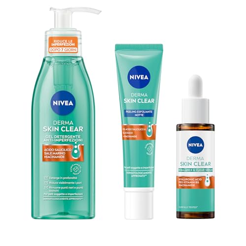 NIVEA Derma Skin Clear Skincare Kit Anti-Imperfezioni con Gel Detergente Viso 150 ml, Peeling Notte Esfoliante 40 ml e Siero Viso Perfezionante & Riequilibrante 30 ml per pelli miste e grasse