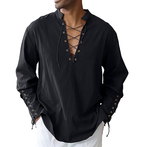 Men's Cotton Linen Shirt Drawstring Arm Banded Tops Medieval Viking Pirate Renaissance Halloween...